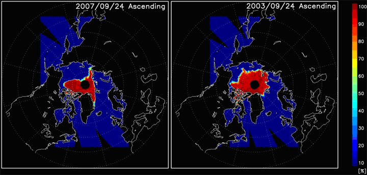 左:2007年9月24日の海氷密接度、右:2003年9月24日の海氷密接度