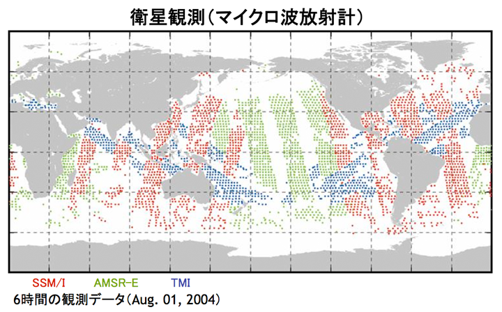 衛星観測(マイクロ波放射計)による観測分布(6時間の観測データ、2004年8月1日)